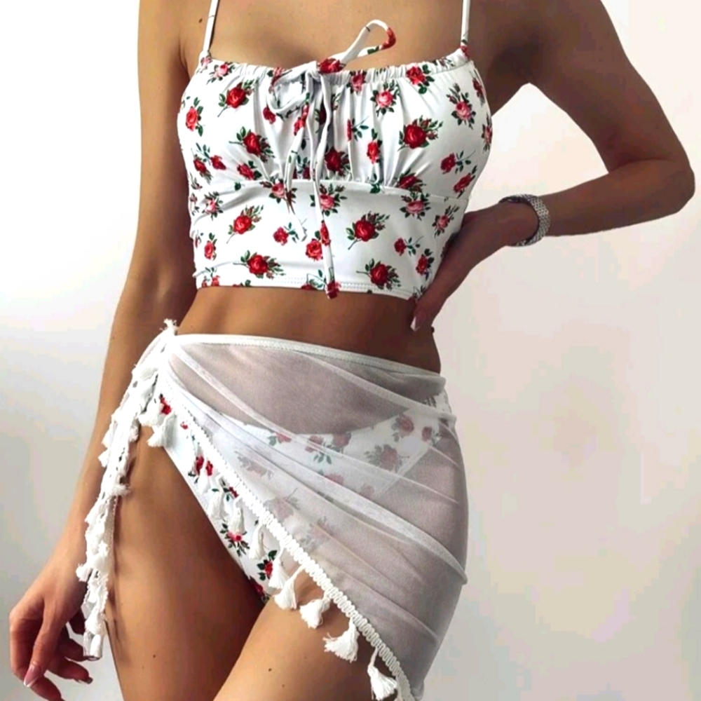 3 pack Floral Bikini Swimsuit with Beach Skirt - SHEIN Size Large (81cm bust)